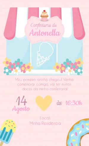 Convite de Aniversário Confeitaria Doce Editável para Menina