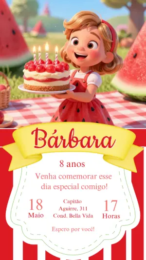 Convite de Aniversário Piquenique Menina 3D Editável
