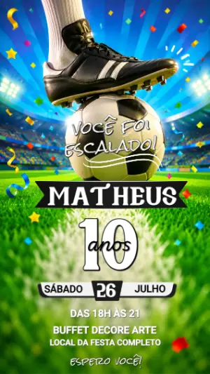 Convite Digital Futebol Aniversário Infantil para Editar
