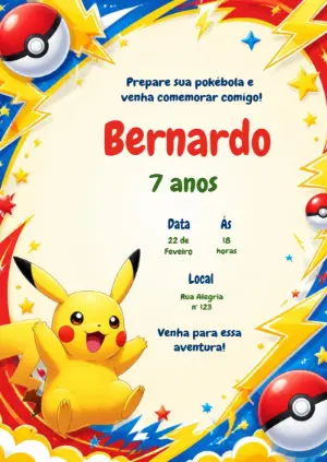 Convite de Aniversário Pokémon com Pikachu para Editar Online