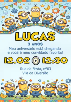 Convite de Aniversário Minions Colorido - Modelo Editável