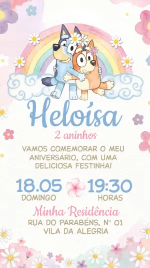 Convite de Aniversário Bluey Menina Aquarela Editável
