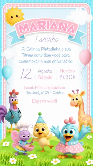Convite de Aniversário Galinha Pintadinha Candy Editável