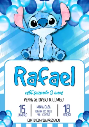 Convite de Aniversário Stitch Azul Aquarela para Editar