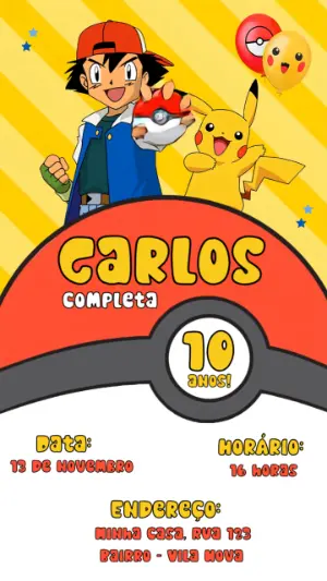 Convite Animado Pokémon Falante: Modelo Editável para Festa
