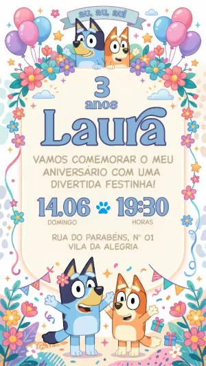 Convite de Aniversário Bluey e Bingo Colorido para Editar