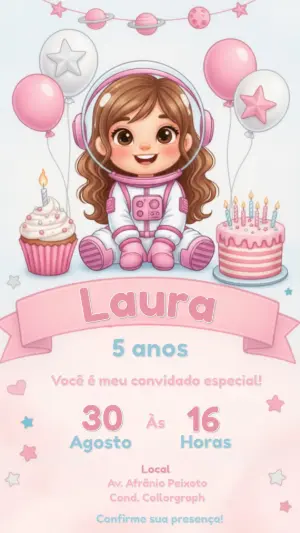 Convite de Aniversário Astronauta Menina Rosa Editável