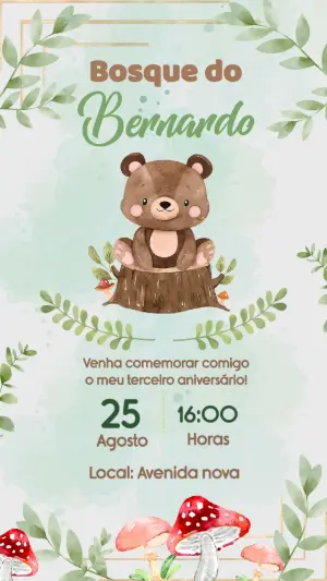 Convite de Aniversário Bosque do Ursinho Aquarela Editável