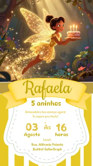 Convite de Aniversário Fada Dourada Editável para Festa Infantil