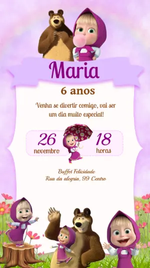 Convite de Aniversário Masha e o Urso Lilás para Editar