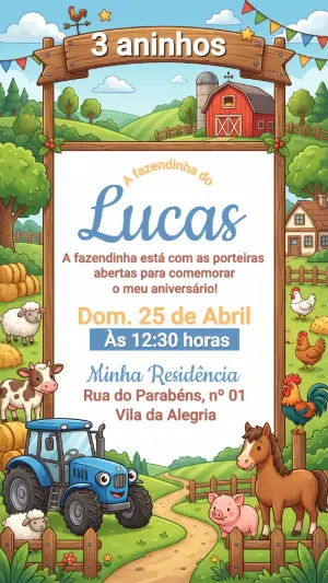 Convite de Aniversário Fazendinha Menino Modelo Editável