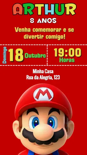 Convite de Aniversário Super Mario Colorido para Editar