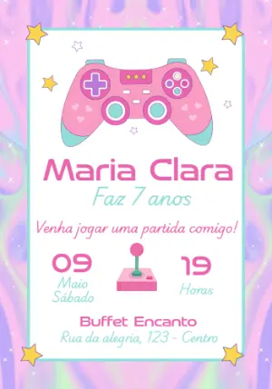 Convite Aniversário Gamer Menina Rosa para Editar Online
