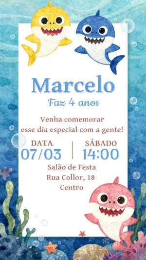 Convite de Aniversário Baby Shark Fundo do Mar para Editar