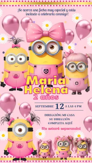 Invitación de Cumpleaños Minions Rosa para Niña - Modelo Editable