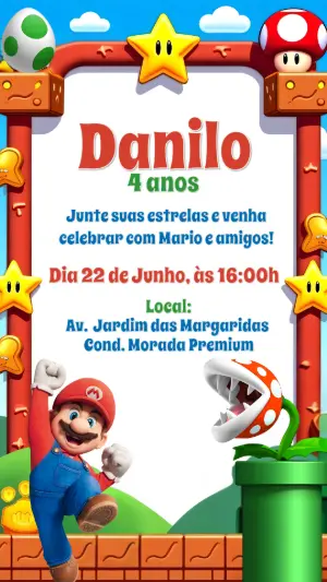 Convite de Aniversário Mario Bros com Personagens para Editar