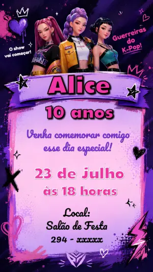 Convite de Aniversário Guerreiras do K-Pop Roxo e Rosa para Editar