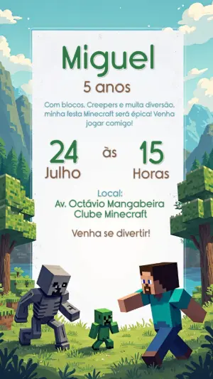 Convite de Aniversário Minecraft com Personagens para Editar