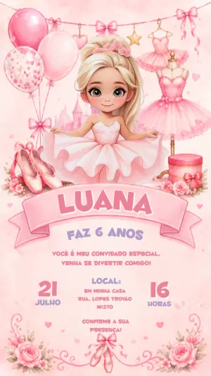 Convite de Aniversário Bailarina Rosa Aquarela para Editar