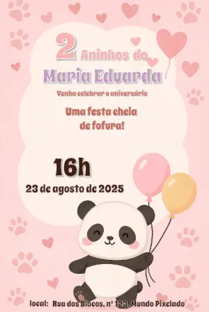 Convite de Aniversário Panda Rosa Fofo para Editar Online