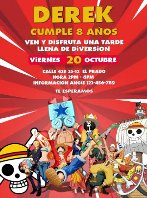 Invitación de Cumpleaños de One Piece para Editar y Personalizar