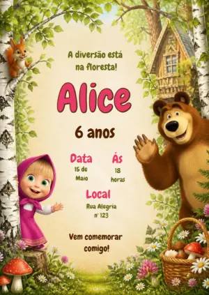 Convite de Aniversário Masha e o Urso Editável na Floresta