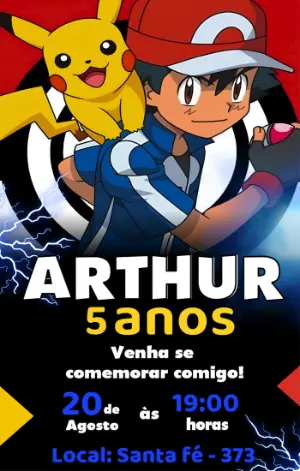 Convite de Aniversário Pokémon com Ash e Pikachu para Editar