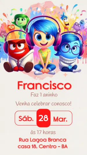 Convite de Aniversário Divertida Mente Colorido para Editar