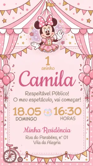 Convite de Aniversário Circo da Minnie Rosa Editável