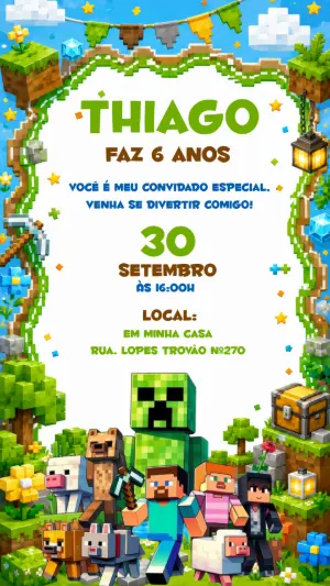 Convite de Aniversário Minecraft Pixelado para Editar
