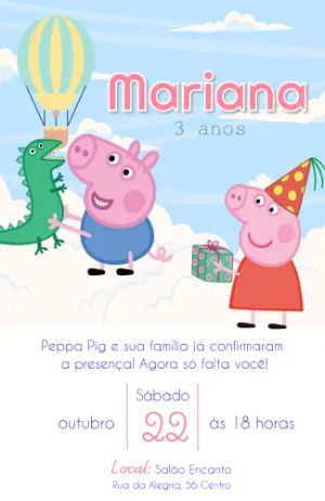 Convite de Aniversário Peppa Pig Infantil para Editar