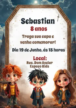 Convite de Aniversário Harry Potter com Personagens para Editar