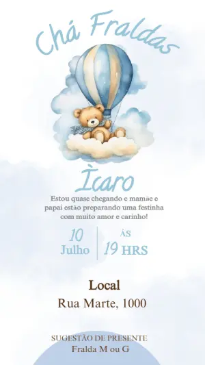 Convite Chá de Fraldas Ursinho no Balão Azul Editável