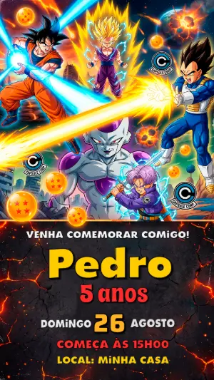 Convite de Aniversário Dragon Ball Z Editável com Personagens