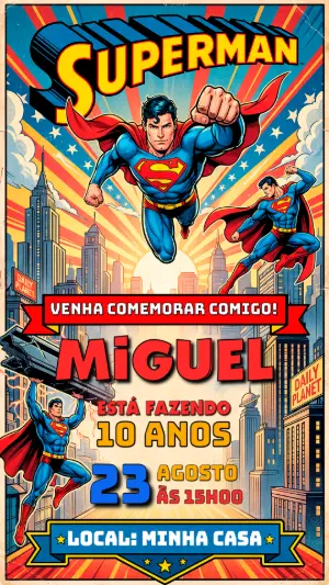 Convite de Aniversário Superman Editável Estilo Quadrinhos