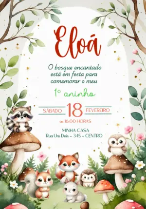 Convite de Aniversário Bosque Encantado Aquarela Editável