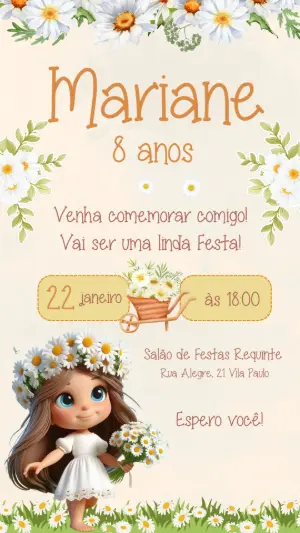 Convite Digital Aniversário Infantil Tema Margaridas Editável