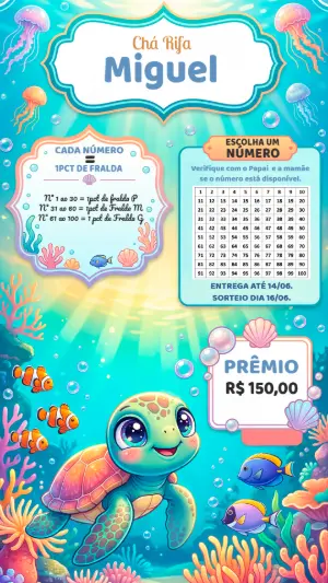 Chá Rifa Fundo do Mar com Tartaruga Modelo Editável