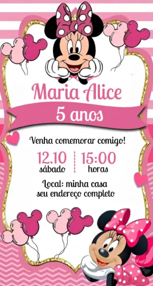 Convite de Aniversário Minnie Rosa Fofo para Editar