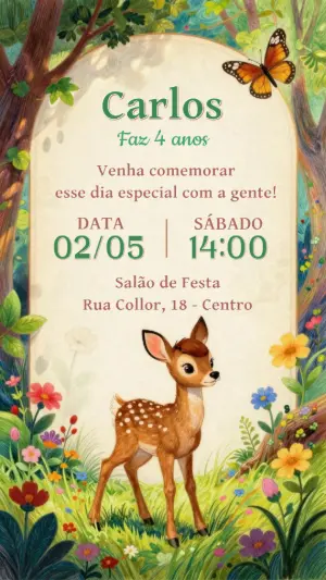 Convite de Aniversário Cervo na Floresta Encantada para Editar