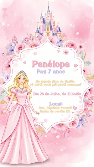 Convite de Aniversário Barbie Princesa Rosa para Editar Online