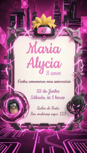 Convite de Aniversário Ninja Feminino Rosa Editável