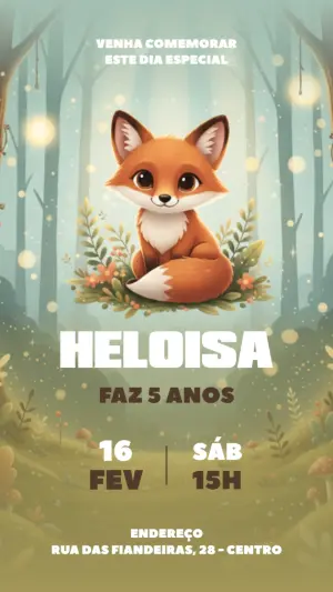 Convite de Aniversário Raposa no Bosque Encantado Editável