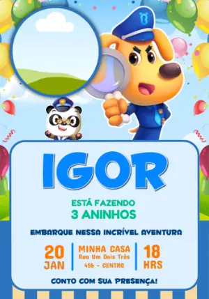 Convite de Aniversário Infantil Detetive Labrador para Editar