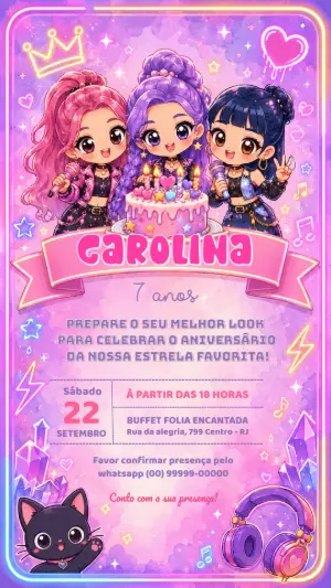 Convite de Aniversário Guerreiras do K-pop Editável