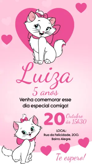 Convite de Aniversário Gatinha Marie Rosa para Editar