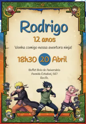 Convite de Aniversário Naruto Aventura Ninja Editável