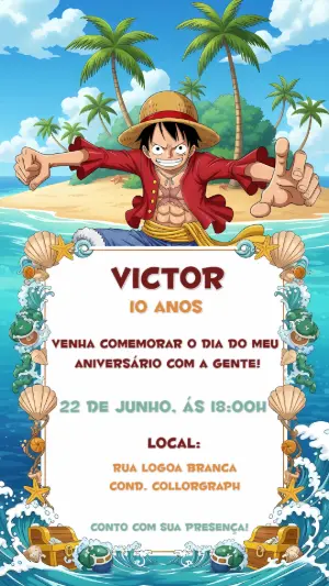 Convite de Aniversário One Piece com Luffy para Editar Online