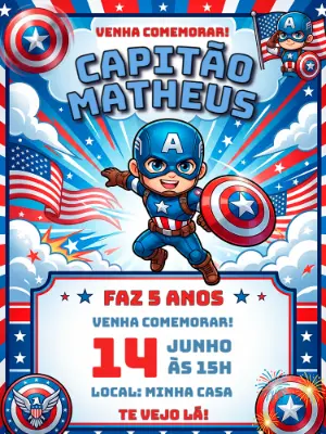 Convite de Aniversário Capitão América Infantil para Editar