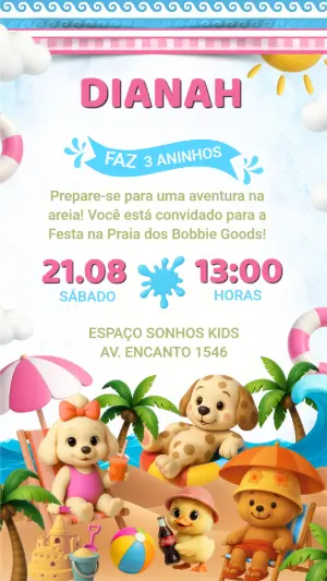 Convite Digital Aniversário Infantil Tema Praia Fofa Editável